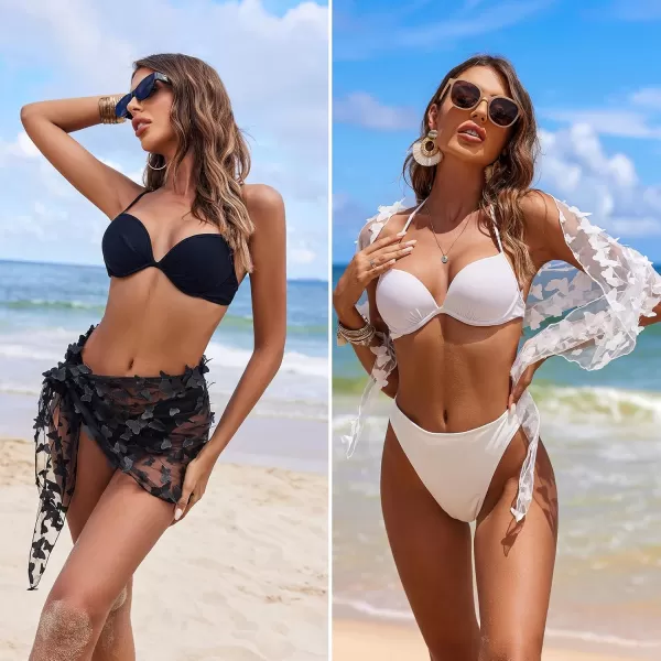 Ekouaer 2 Pcs Sarong Coverups for Women Beach Wrap Skirt Chiffon Swimsuit Coverup for Swimwear SXXLButterflyblackwhite