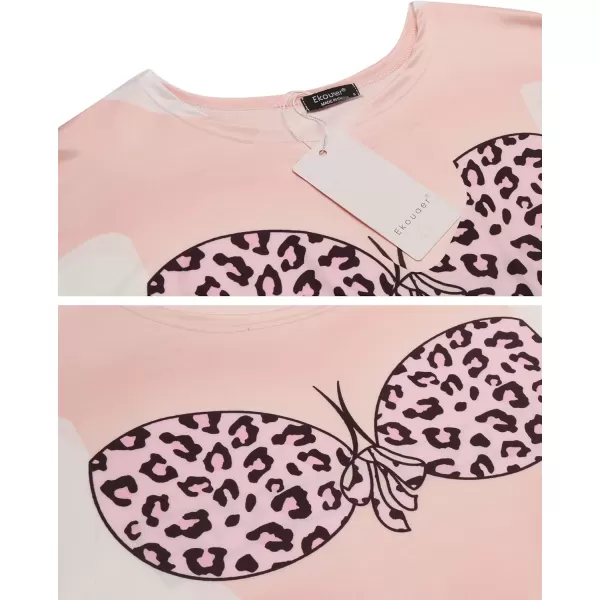 Ekouaer Womens Bikini Shirt Cover Up Short Sleeve Cute Bikini Print CoverUp Baggy T Shirt Dress Fun WearLeopard Print Pink