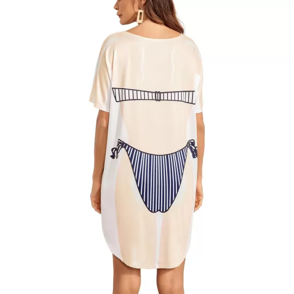 Ekouaer Womens Bikini Shirt Cover Up Short Sleeve Cute Bikini Print CoverUp Baggy T Shirt Dress Fun WearVertical Stripes