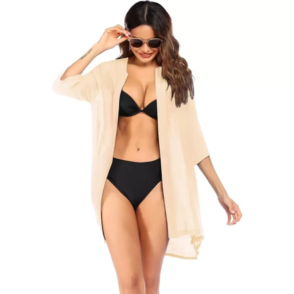Ekouaer Womens Cover Up Shirt VNeck Swimsuit Beach Bikini Beachwear Button Down Bathing SuitApricot