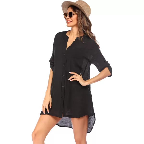 Ekouaer Womens Cover Up Shirt VNeck Swimsuit Beach Bikini Beachwear Button Down Bathing SuitBlack