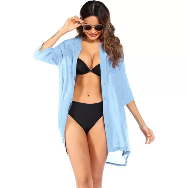 Ekouaer Womens Cover Up Shirt VNeck Swimsuit Beach Bikini Beachwear Button Down Bathing SuitClear Blue