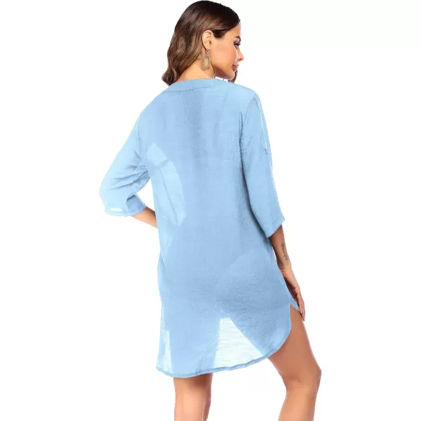 Ekouaer Womens Cover Up Shirt VNeck Swimsuit Beach Bikini Beachwear Button Down Bathing SuitClear Blue