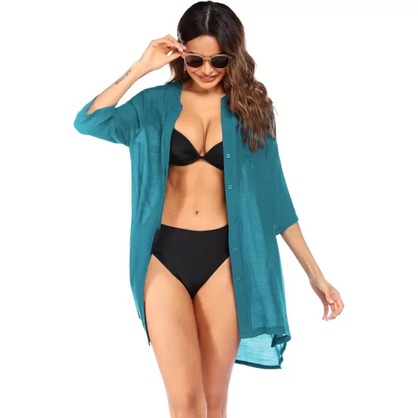 Ekouaer Womens Cover Up Shirt VNeck Swimsuit Beach Bikini Beachwear Button Down Bathing SuitDark Cyan