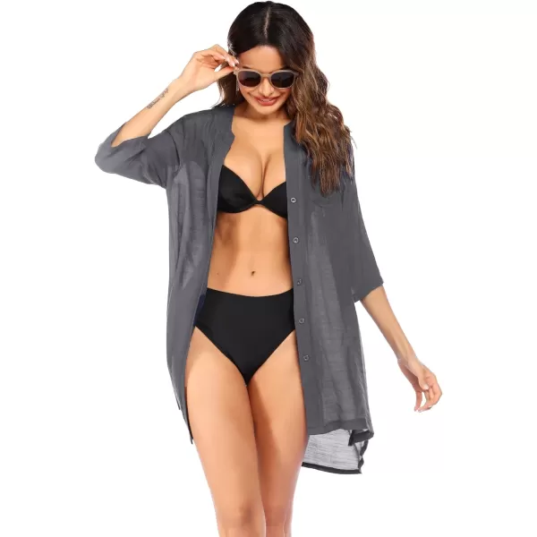 Ekouaer Womens Cover Up Shirt VNeck Swimsuit Beach Bikini Beachwear Button Down Bathing SuitDark Grey
