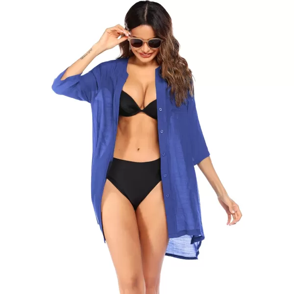 Ekouaer Womens Cover Up Shirt VNeck Swimsuit Beach Bikini Beachwear Button Down Bathing SuitNavy