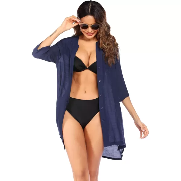 Ekouaer Womens Cover Up Shirt VNeck Swimsuit Beach Bikini Beachwear Button Down Bathing SuitNavy Blue