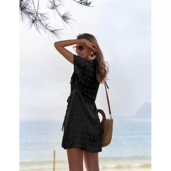 Ekouaer Womens Swimsuit Cover Up Swiss Dots Chiffon Bikini Beachwear Flowy Pom Pom CoverupsAblack