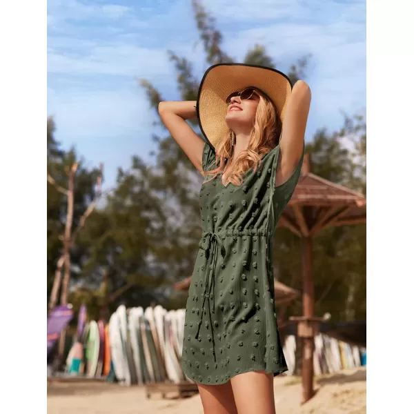 Ekouaer Womens Swimsuit Cover Up Swiss Dots Chiffon Bikini Beachwear Flowy Pom Pom CoverupsAdeep Army Green