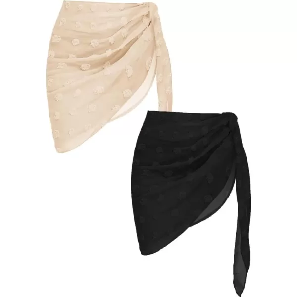 Ekouaer 2 Pcs Sarong Coverups for Women Beach Wrap Skirt Chiffon Swimsuit Coverup for Swimwear SXXLBlackApricot Dot