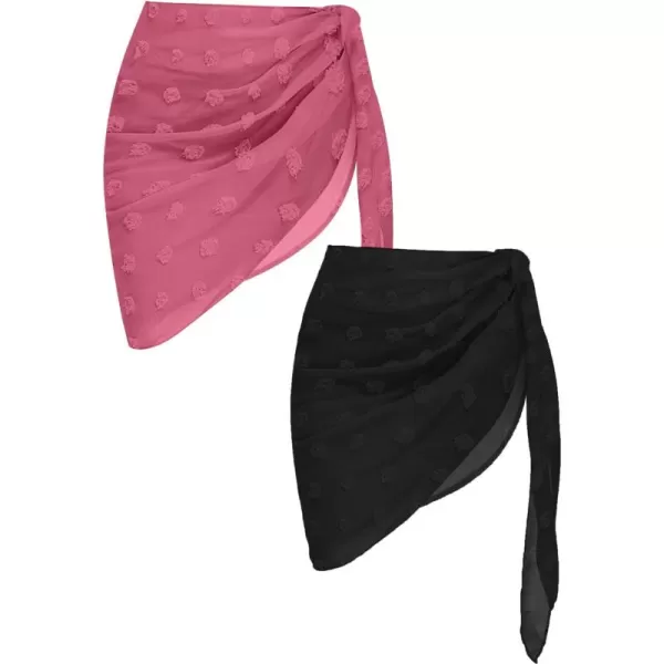 Ekouaer 2 Pcs Sarong Coverups for Women Beach Wrap Skirt Chiffon Swimsuit Coverup for Swimwear SXXLBlackRose Red Dot
