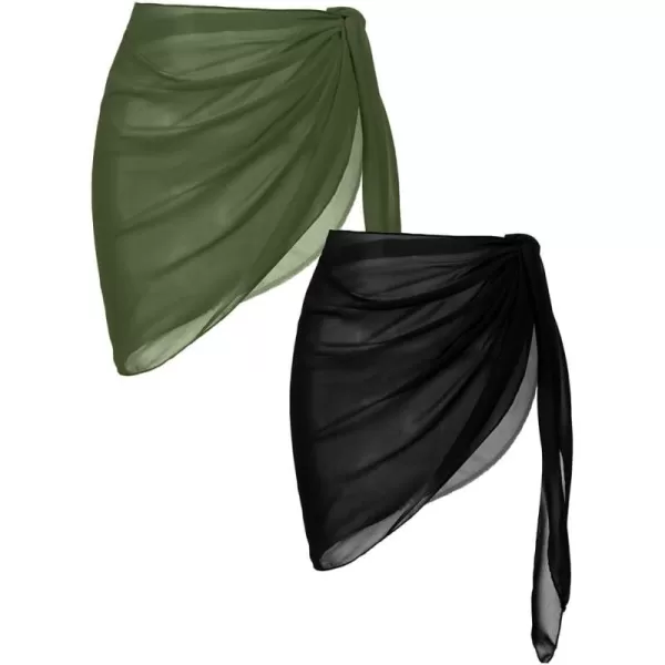 Ekouaer 2 Pcs Sarong Coverups for Women Beach Wrap Skirt Chiffon Swimsuit Coverup for Swimwear SXXLBlackarmy Green