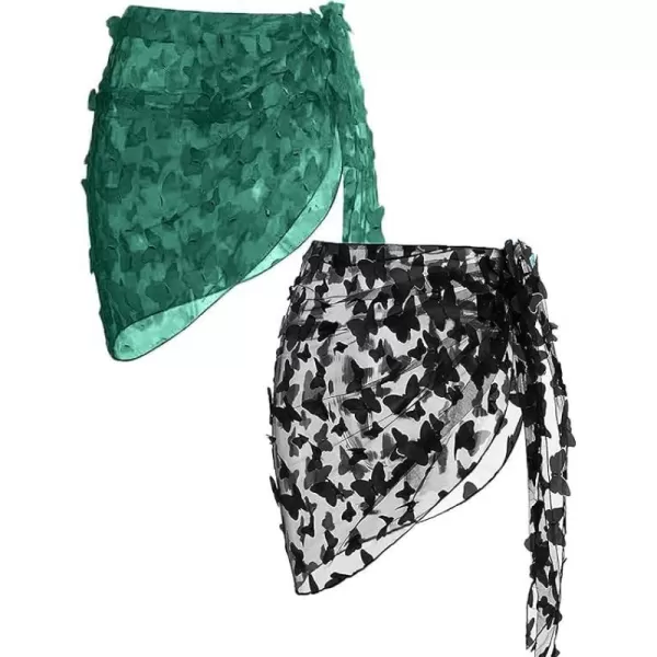 Ekouaer 2 Pcs Sarong Coverups for Women Beach Wrap Skirt Chiffon Swimsuit Coverup for Swimwear SXXLButterflyblackgreen