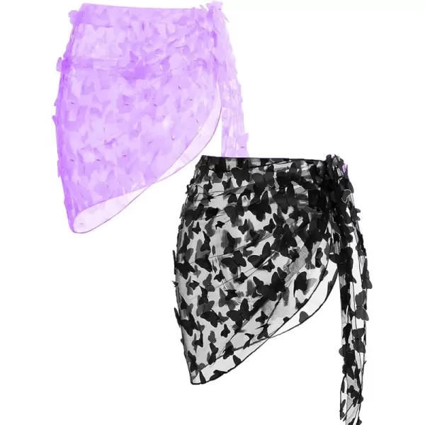 Ekouaer 2 Pcs Sarong Coverups for Women Beach Wrap Skirt Chiffon Swimsuit Coverup for Swimwear SXXLButterflyblacklilac
