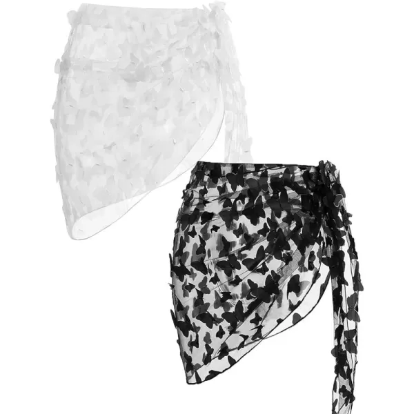 Ekouaer 2 Pcs Sarong Coverups for Women Beach Wrap Skirt Chiffon Swimsuit Coverup for Swimwear SXXLButterflyblackwhite