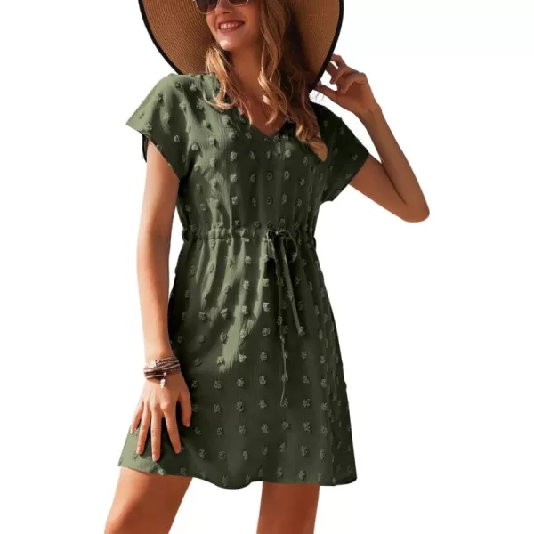Ekouaer Womens Swimsuit Cover Up Swiss Dots Chiffon Bikini Beachwear Flowy Pom Pom CoverupsAdeep Army Green