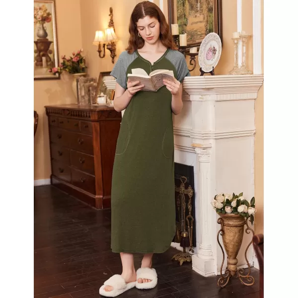 imageEkouaer Long Nightgown Womens Loungewear Short Sleeve Sleepwear Full Length Sleep Shirt with PocketsArmy GreenGrey