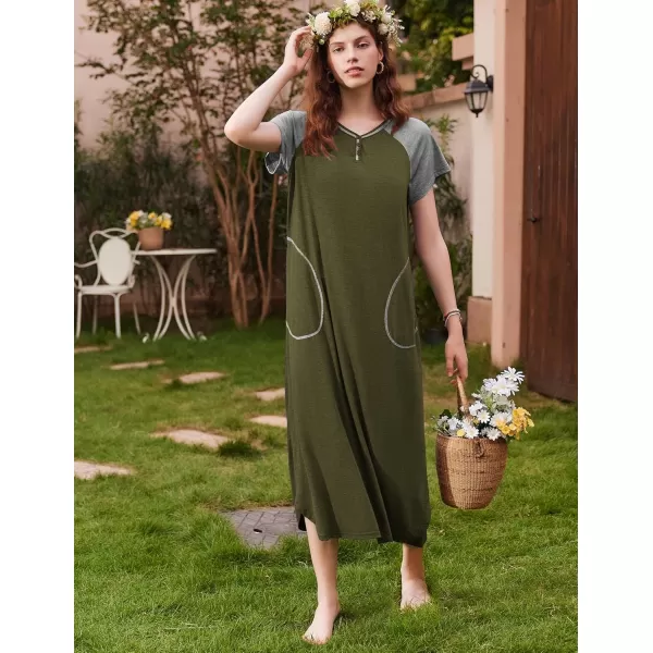 imageEkouaer Long Nightgown Womens Loungewear Short Sleeve Sleepwear Full Length Sleep Shirt with PocketsArmy GreenGrey