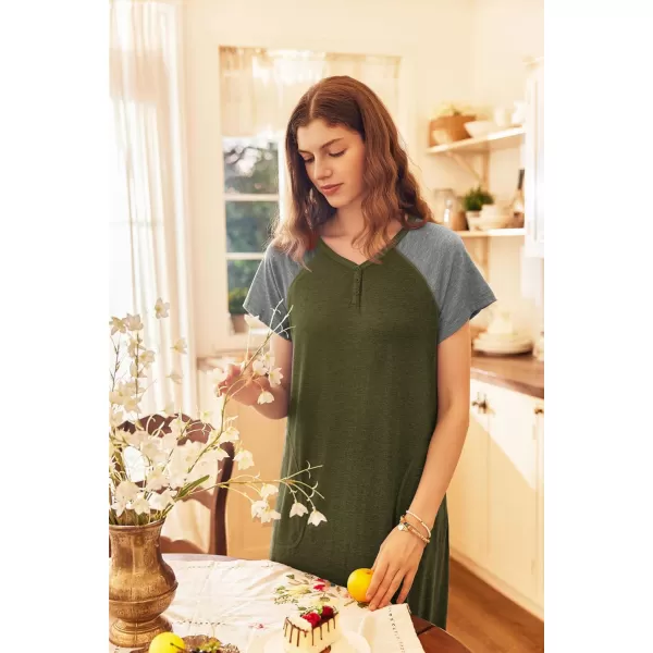 imageEkouaer Long Nightgown Womens Loungewear Short Sleeve Sleepwear Full Length Sleep Shirt with PocketsArmy GreenGrey