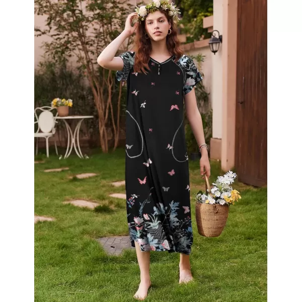 imageEkouaer Long Nightgown Womens Loungewear Short Sleeve Sleepwear Full Length Sleep Shirt with PocketsBlack Butterfly Floral