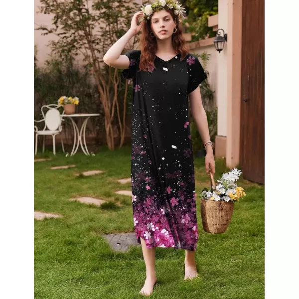 imageEkouaer Long Nightgown Womens Loungewear Short Sleeve Sleepwear Full Length Sleep Shirt with PocketsBlack Sakura