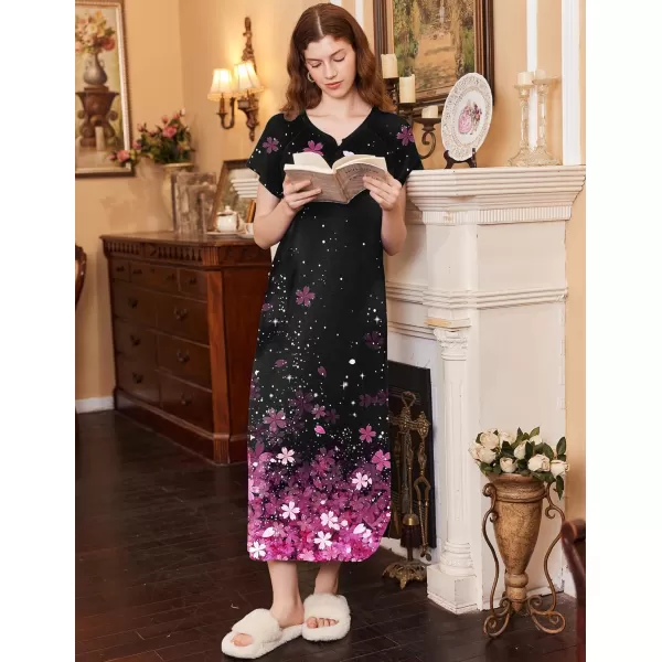 imageEkouaer Long Nightgown Womens Loungewear Short Sleeve Sleepwear Full Length Sleep Shirt with PocketsBlack Sakura
