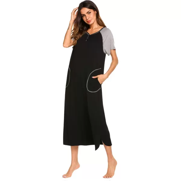 imageEkouaer Long Nightgown Womens Loungewear Short Sleeve Sleepwear Full Length Sleep Shirt with PocketsBlackGrey