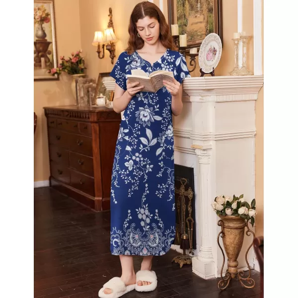 imageEkouaer Long Nightgown Womens Loungewear Short Sleeve Sleepwear Full Length Sleep Shirt with PocketsBlue Ethnic Flower