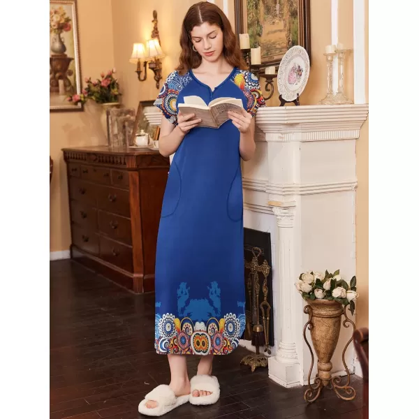 imageEkouaer Long Nightgown Womens Loungewear Short Sleeve Sleepwear Full Length Sleep Shirt with PocketsBlue Floral