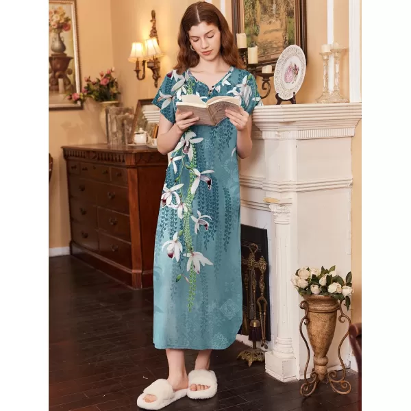 imageEkouaer Long Nightgown Womens Loungewear Short Sleeve Sleepwear Full Length Sleep Shirt with PocketsBlue Flower