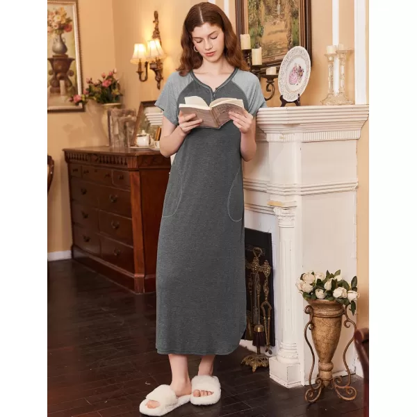 imageEkouaer Long Nightgown Womens Loungewear Short Sleeve Sleepwear Full Length Sleep Shirt with PocketsDark GreyGrey