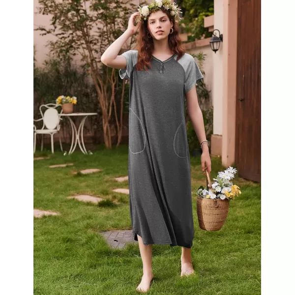 imageEkouaer Long Nightgown Womens Loungewear Short Sleeve Sleepwear Full Length Sleep Shirt with PocketsDark GreyGrey