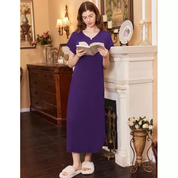 imageEkouaer Long Nightgown Womens Loungewear Short Sleeve Sleepwear Full Length Sleep Shirt with PocketsDark Violet