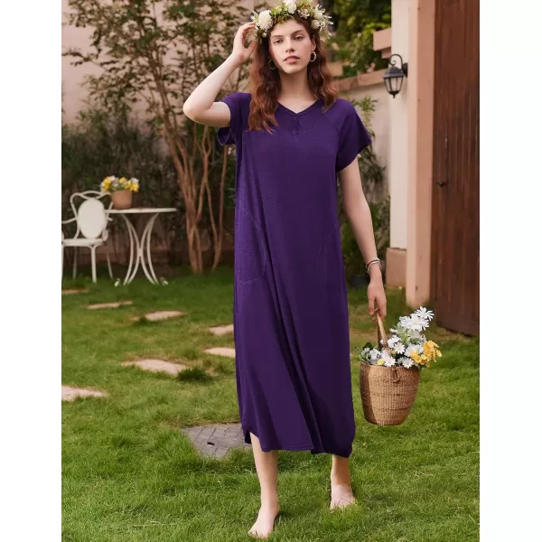 imageEkouaer Long Nightgown Womens Loungewear Short Sleeve Sleepwear Full Length Sleep Shirt with PocketsDark Violet