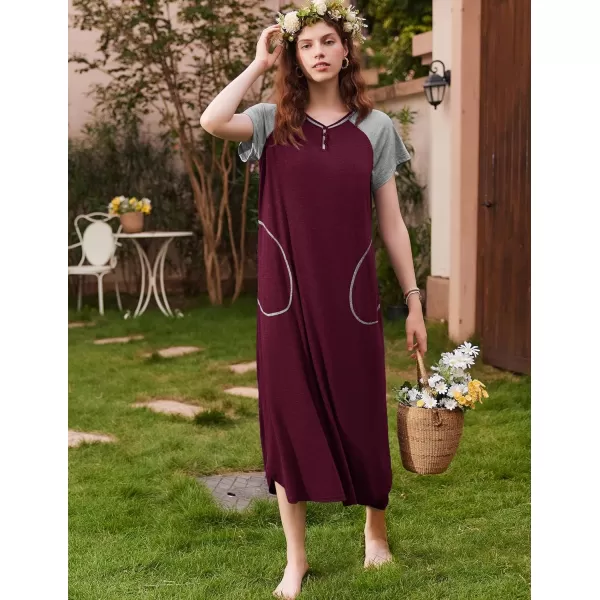 imageEkouaer Long Nightgown Womens Loungewear Short Sleeve Sleepwear Full Length Sleep Shirt with PocketsFuchsiaGrey