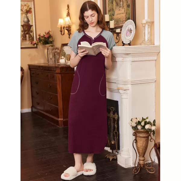 imageEkouaer Long Nightgown Womens Loungewear Short Sleeve Sleepwear Full Length Sleep Shirt with PocketsFuchsiaGrey