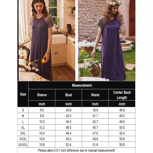 imageEkouaer Long Nightgown Womens Loungewear Short Sleeve Sleepwear Full Length Sleep Shirt with PocketsFuchsiaGrey