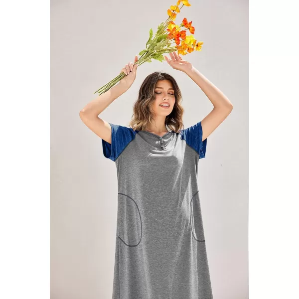 imageEkouaer Long Nightgown Womens Loungewear Short Sleeve Sleepwear Full Length Sleep Shirt with PocketsGreyBlue