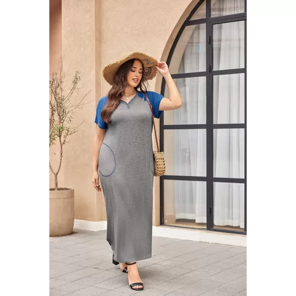 imageEkouaer Long Nightgown Womens Loungewear Short Sleeve Sleepwear Full Length Sleep Shirt with PocketsGreyBlue
