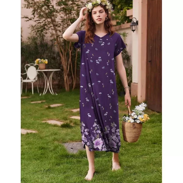 imageEkouaer Long Nightgown Womens Loungewear Short Sleeve Sleepwear Full Length Sleep Shirt with PocketsPurple Flower