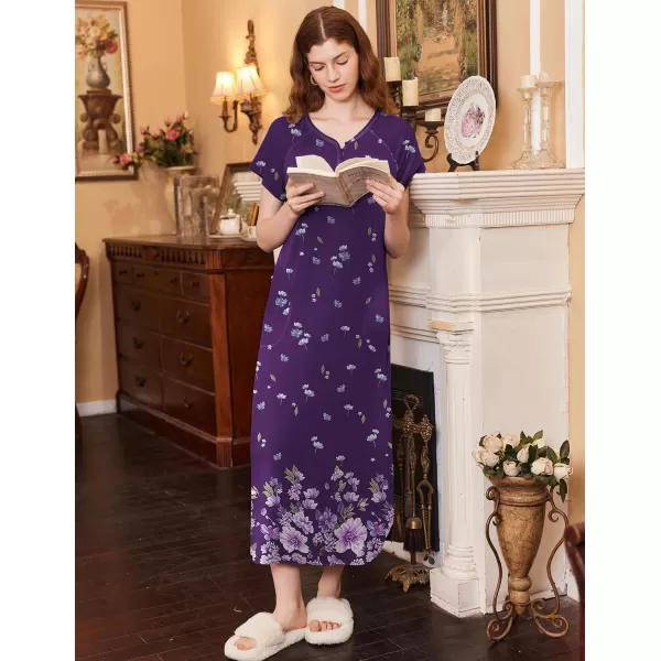 imageEkouaer Long Nightgown Womens Loungewear Short Sleeve Sleepwear Full Length Sleep Shirt with PocketsPurple Flower