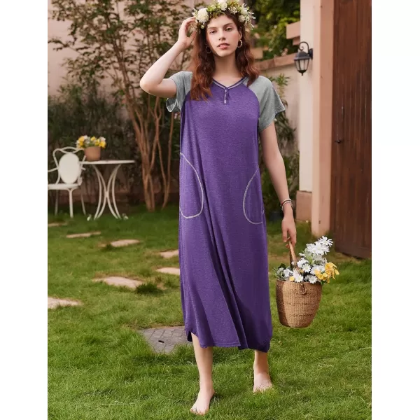 imageEkouaer Long Nightgown Womens Loungewear Short Sleeve Sleepwear Full Length Sleep Shirt with PocketsPurpleGrey