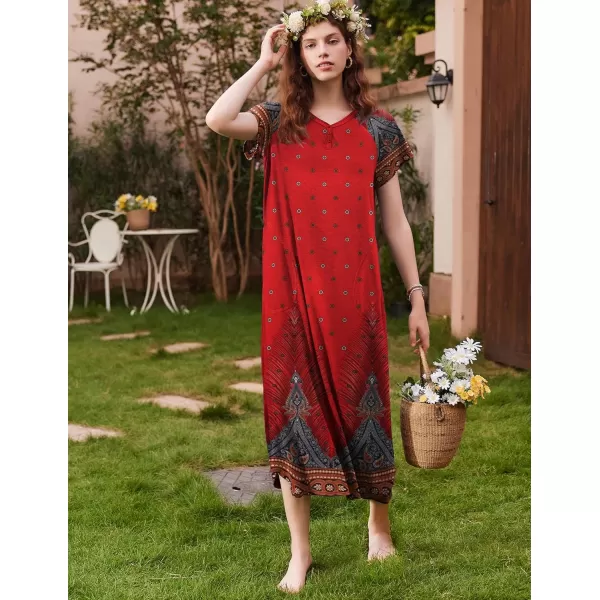 imageEkouaer Long Nightgown Womens Loungewear Short Sleeve Sleepwear Full Length Sleep Shirt with PocketsRed Ethnic Print