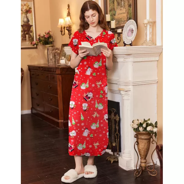 imageEkouaer Long Nightgown Womens Loungewear Short Sleeve Sleepwear Full Length Sleep Shirt with PocketsRed Snowman