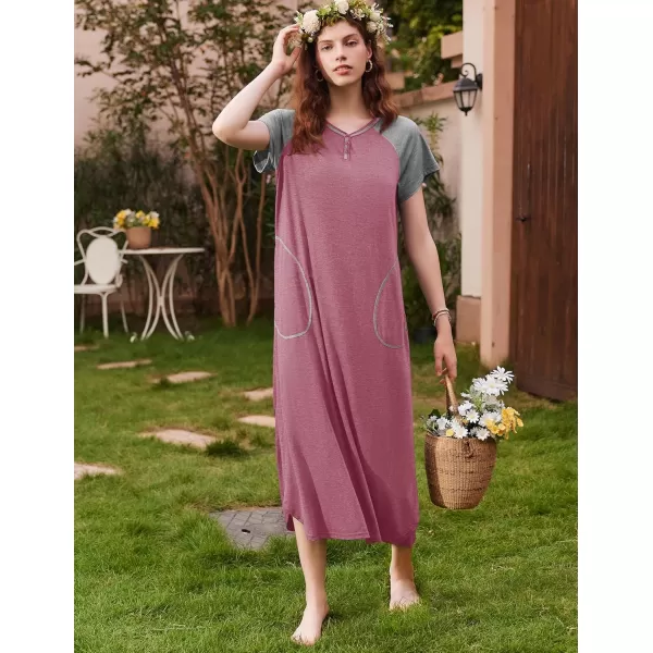 imageEkouaer Long Nightgown Womens Loungewear Short Sleeve Sleepwear Full Length Sleep Shirt with PocketsRedGrey