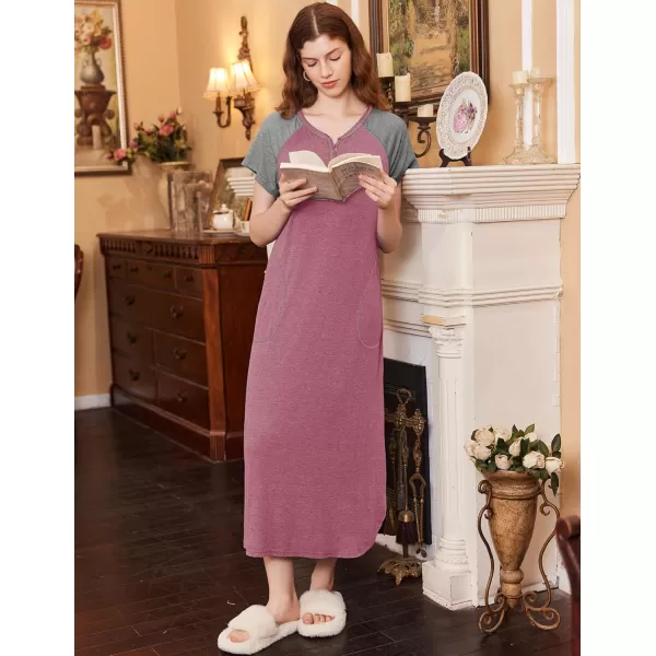 imageEkouaer Long Nightgown Womens Loungewear Short Sleeve Sleepwear Full Length Sleep Shirt with PocketsRedGrey