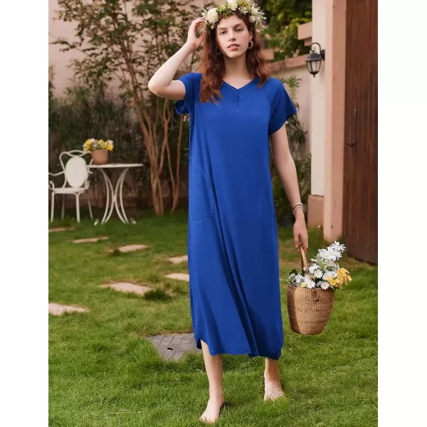 imageEkouaer Long Nightgown Womens Loungewear Short Sleeve Sleepwear Full Length Sleep Shirt with PocketsSnorkel Blue