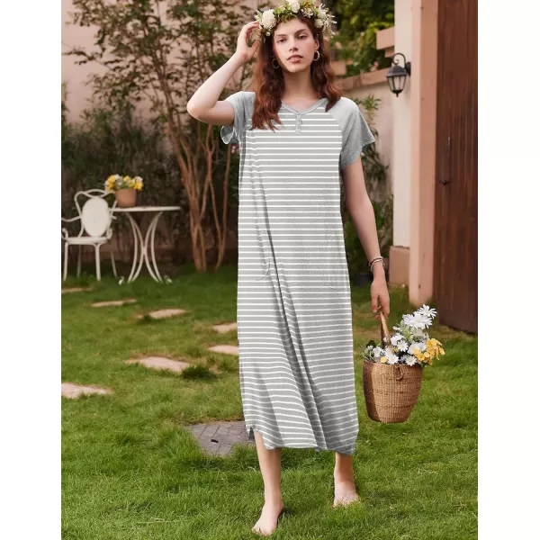 imageEkouaer Long Nightgown Womens Loungewear Short Sleeve Sleepwear Full Length Sleep Shirt with PocketsWhite Grey Stripe