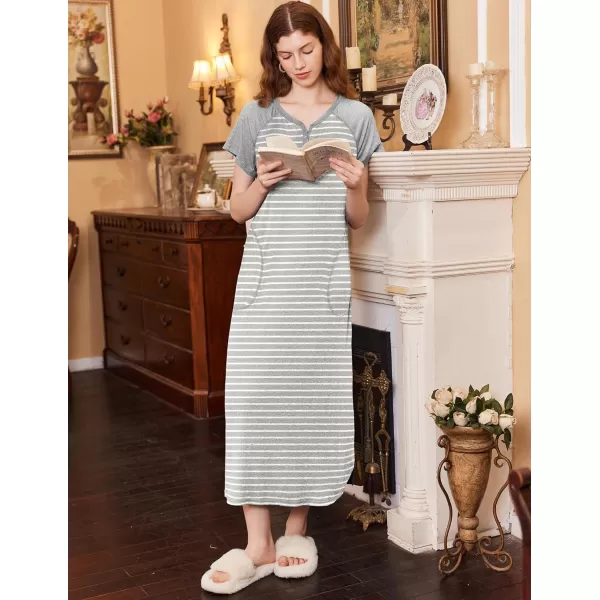 imageEkouaer Long Nightgown Womens Loungewear Short Sleeve Sleepwear Full Length Sleep Shirt with PocketsWhite Grey Stripe