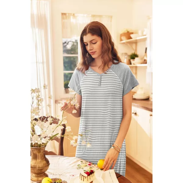 imageEkouaer Long Nightgown Womens Loungewear Short Sleeve Sleepwear Full Length Sleep Shirt with PocketsWhite Grey Stripe